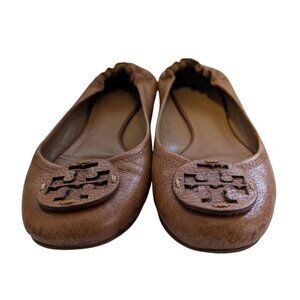 Tory Burch Reva Ballet Flats Brown Tan Leather Logo Medallion Womens Size 7